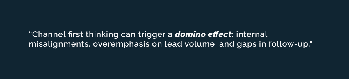 Quote highlighting how channel-first marketing can create a domino effect of poor lead quality and follow-up gaps